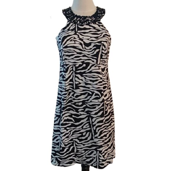 INC International Concepts Zebra print Dress with Beaded neckline, Black/White, - Picture 1 of 15